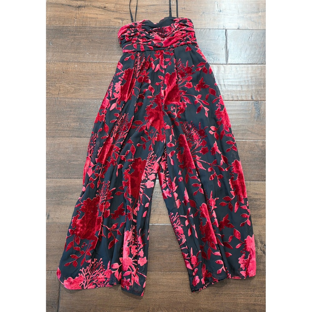 Boho Whimsigoth Velvet Floral Burnout Wide Leg Jumpsuit Pink Rose Black S NWT